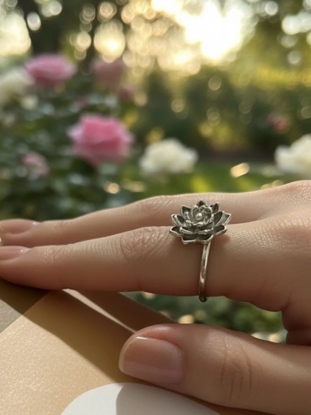 Silver Lotus Ring with lavender lip balm